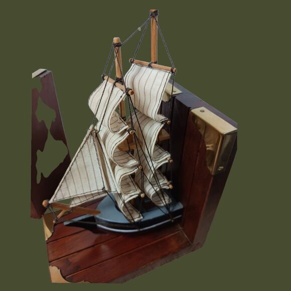 Vtg Wooden Ship Bookends With Wood & Metal Accents & Nautical Design Multicolor - Picture 2 of 14